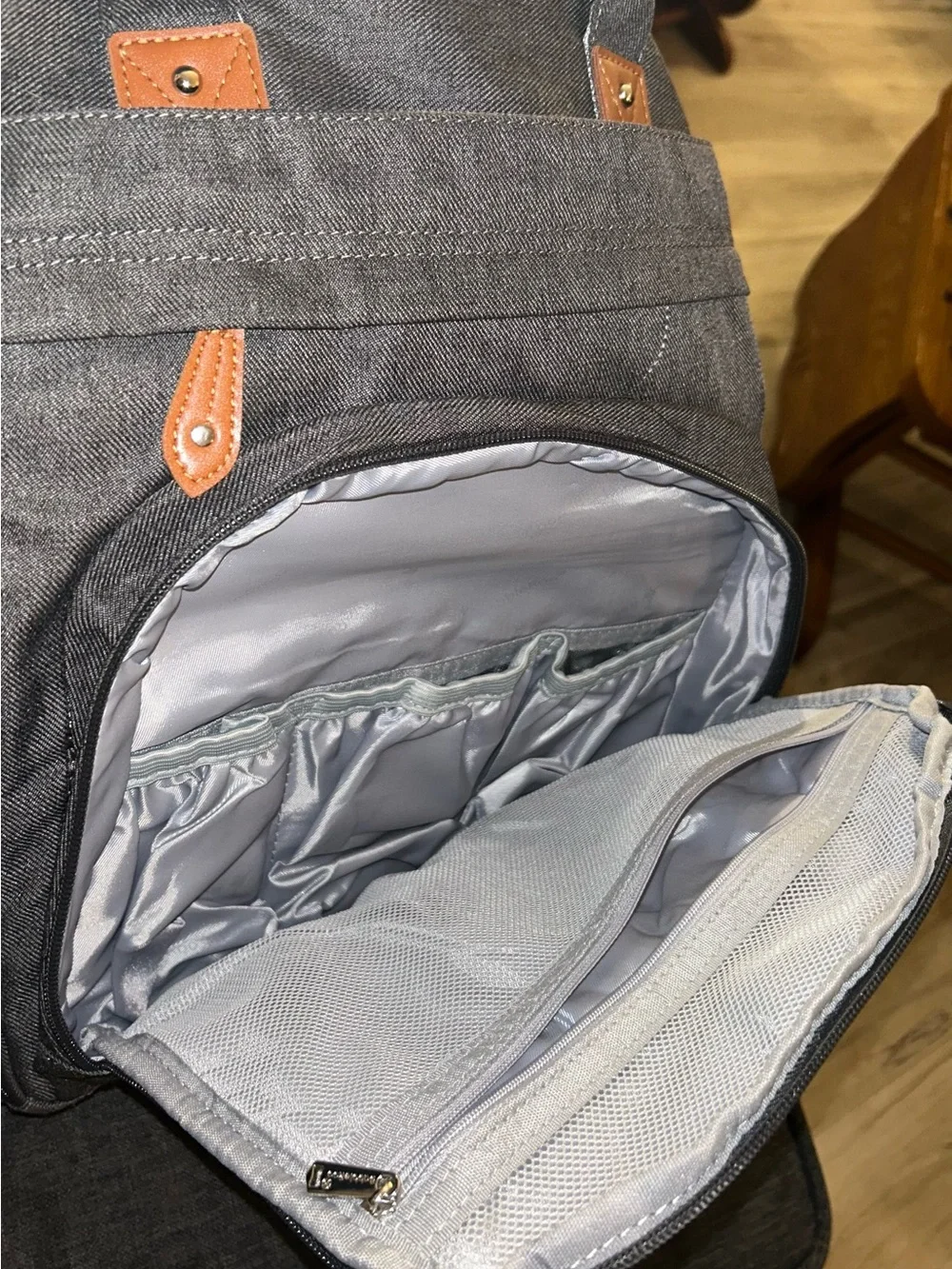 Quilted Grey Baby Bag Backpack with Tan Accent Details